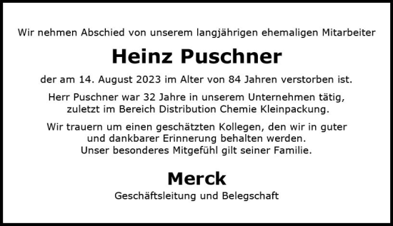 Traueranzeige von Heinz Puschner von Darmstädter Echo