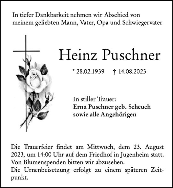 Traueranzeige von Heinz Puschner von Darmstädter Echo