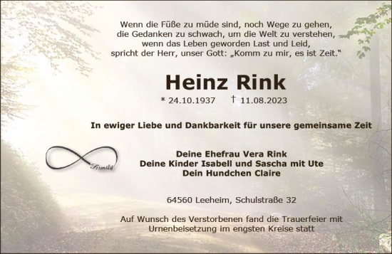 Traueranzeige von Heinz Rink von Groß-Gerauer Echo