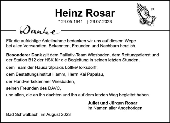 Traueranzeige von Heinz Rosar von Wiesbadener Kurier