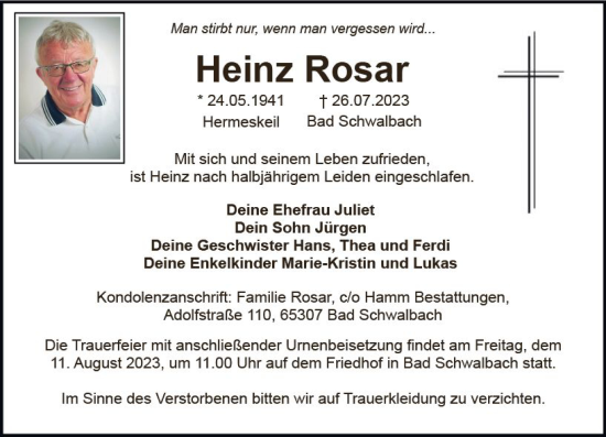 Traueranzeige von Heinz Rosar von Wiesbadener Kurier