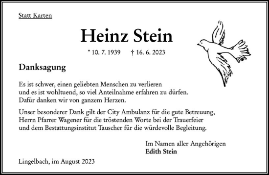 Traueranzeige von Heinz Stein von Oberhessen Kurier