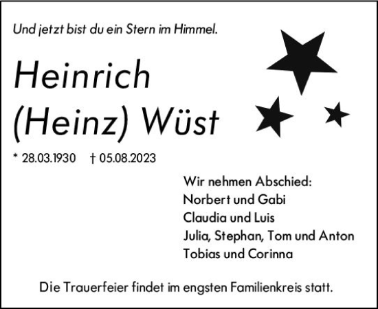 Traueranzeige von Heinz Wüst von Darmstädter Echo