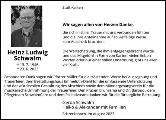 Traueranzeige von Heinz Ludwig Schwalm von VRM Trauer