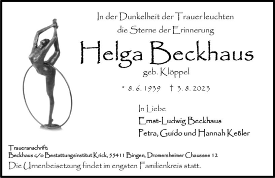 Traueranzeige von Helga Beckhaus von Allgemeine Zeitung Bingen/Ingelheim
