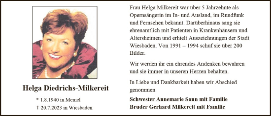 Traueranzeige von Helga Diedrichs-Milkereit von Wiesbadener Kurier