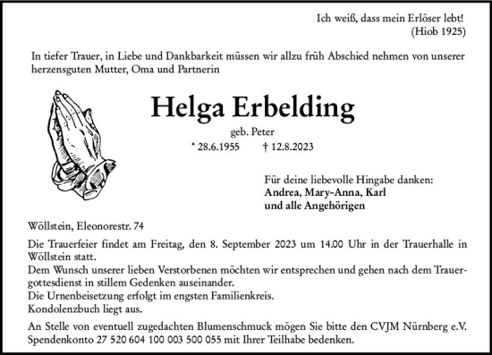 Traueranzeige von Helga Erbelding von Allgemeine Zeitung Alzey