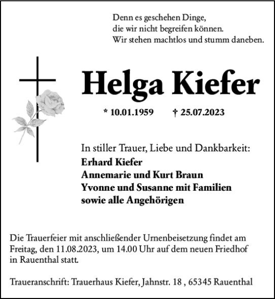 Traueranzeige von Helga Kiefer von Wiesbadener Kurier
