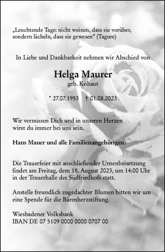 Traueranzeige von Helga Maurer von Wiesbadener Kurier