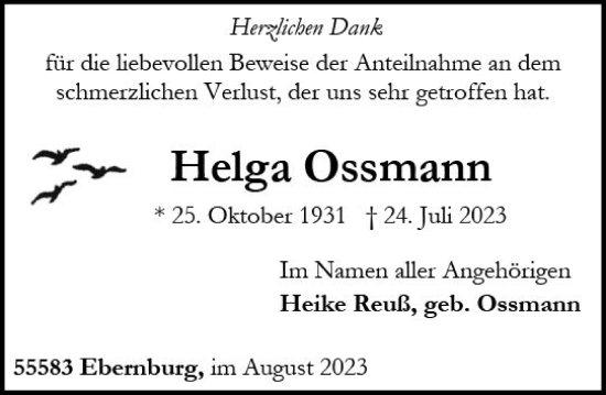 Traueranzeige von Helga Ossmann von Allgemeine Zeitung Bad Kreuznach