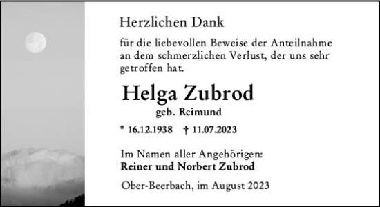 Traueranzeige von Helga Zubrod von Darmstädter Echo