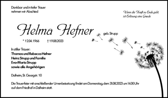 Traueranzeige von Helma Hefner von Allgemeine Zeitung Bingen/Ingelheim