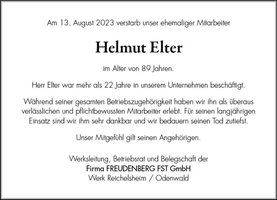 Traueranzeige von Helmut Elter von Odenwälder Echo