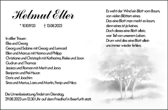 Traueranzeige von Helmut Elter von Odenwälder Echo