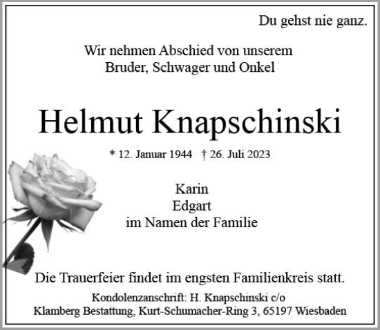 Traueranzeige von Helmut Knapschinski von Wiesbadener Kurier