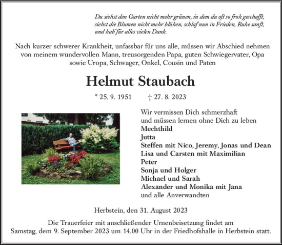 Traueranzeige von Helmut Staubach von VRM Trauer