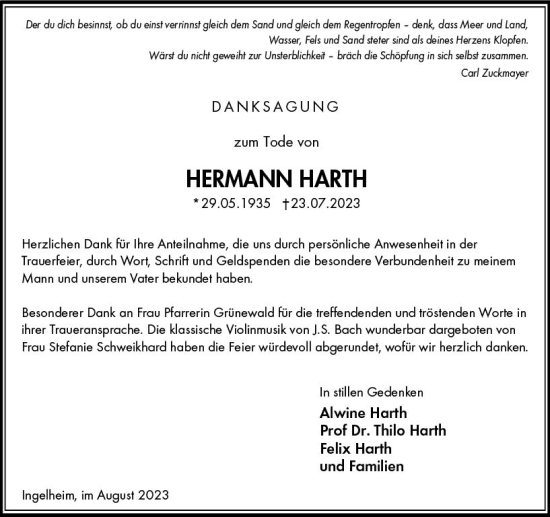 Traueranzeige von Hermann Harth von Allgemeine Zeitung Bingen/Ingelheim