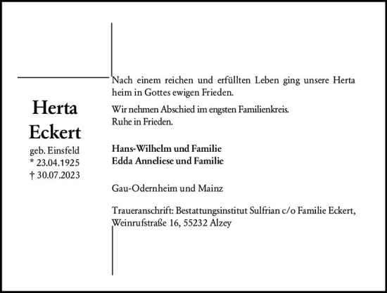 Traueranzeige von Herta Eckert von Allgemeine Zeitung Alzey