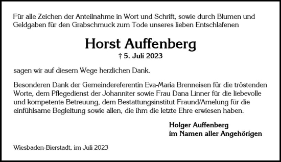 Traueranzeige von Horst Auffenberg von Wiesbadener Kurier