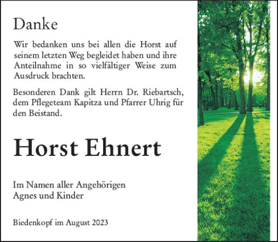 Traueranzeige von Horst Ehnert von Hinterländer Anzeiger
