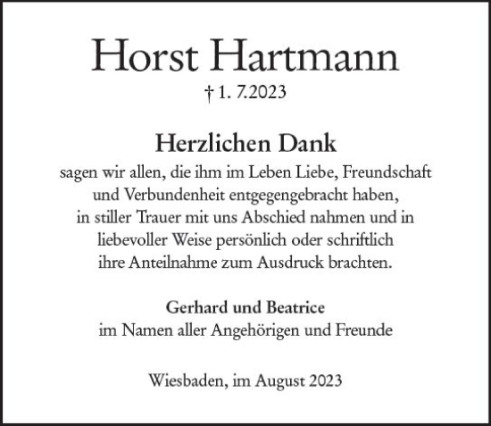 Traueranzeige von Horst Hartmann von Wiesbadener Kurier