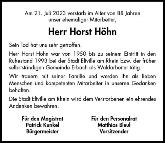 Traueranzeige von Horst Höhn von Rheingau Kurier