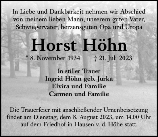 Traueranzeige von Horst Höhn von Wiesbadener Kurier