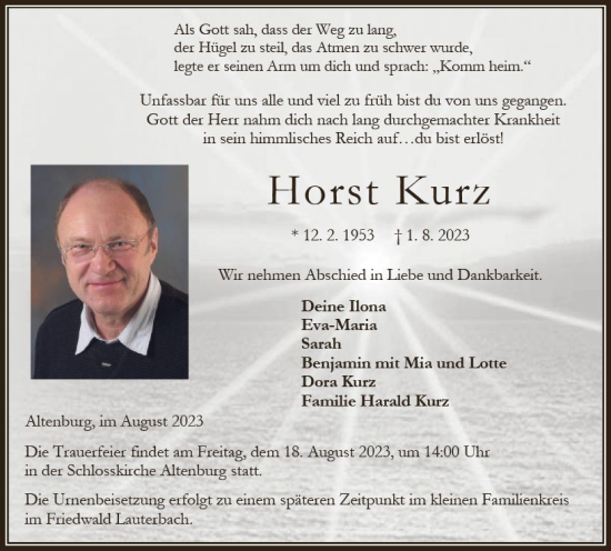 Traueranzeige von Horst Kurz von VRM Trauer
