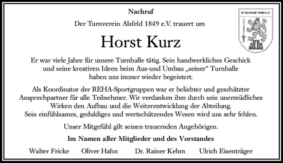 Traueranzeige von Horst Kurz von VRM Trauer