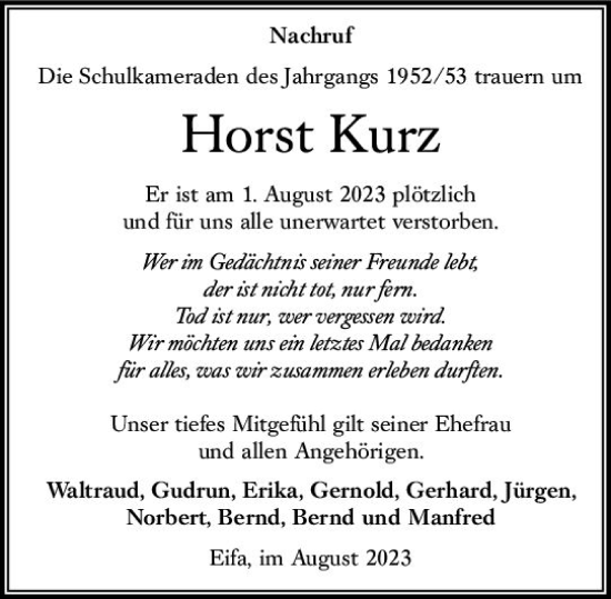 Traueranzeige von Horst Kurz von VRM Trauer