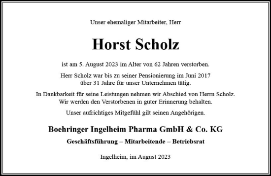 Traueranzeige von Horst Scholz von Allgemeine Zeitung Alzey