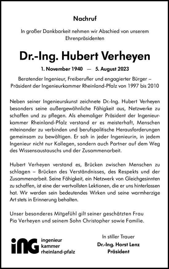 Traueranzeige von Hubert Verheyen von Allgemeine Zeitung Bad Kreuznach