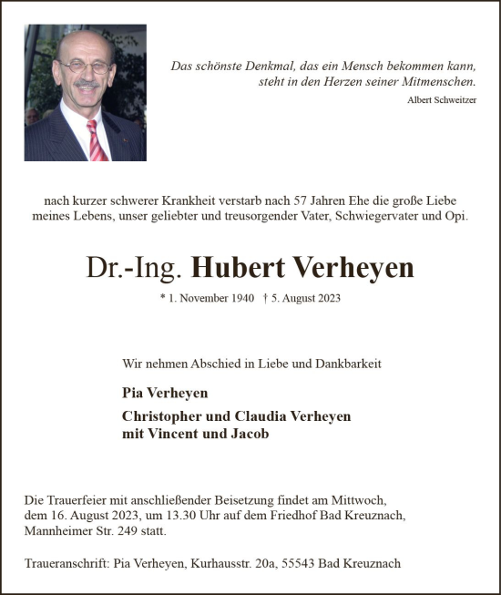 Traueranzeige von Hubert Verheyen von Allgemeine Zeitung Bad Kreuznach
