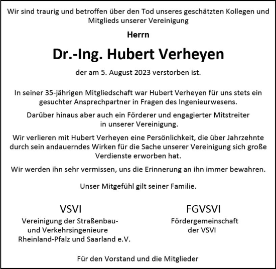 Traueranzeige von Hubert Verheyen von Allgemeine Zeitung Bad Kreuznach