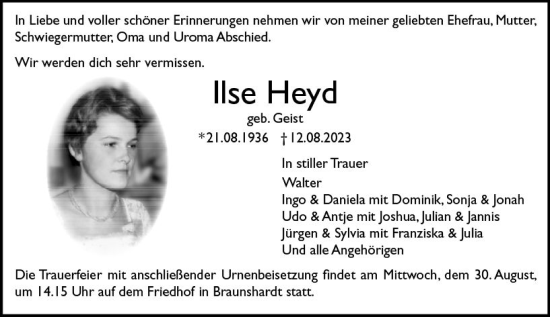 Traueranzeige von Ilse Heyd von Darmstädter Echo