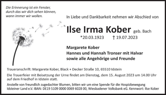 Traueranzeige von Ilse Irma Kober von Idsteiner Land/Untertaunus