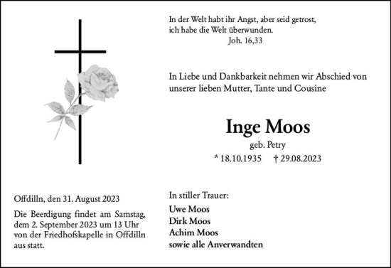 Traueranzeige von Inge Moos von Dill Block