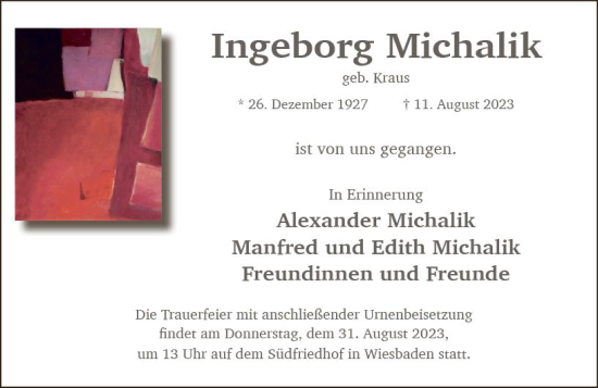 Traueranzeige von Ingeborg Michalik von Wiesbadener Kurier