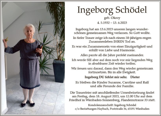 Traueranzeige von Ingeborg Schödel von Wiesbadener Kurier