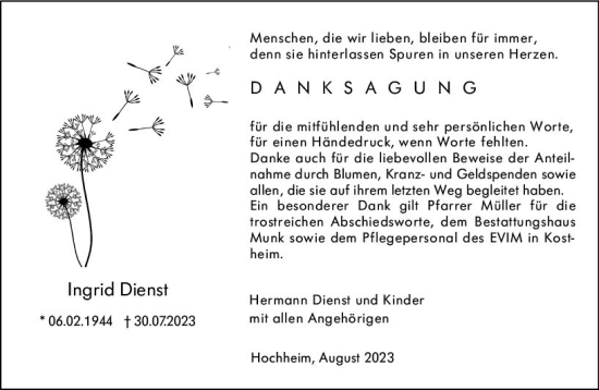 Traueranzeige von Ingrid Dienst von Hochheimer Zeitung