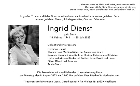 Traueranzeige von Ingrid Dienst von Hochheimer Zeitung