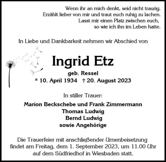 Traueranzeige von Ingrid Etz von Wiesbadener Kurier
