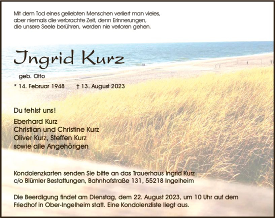 Traueranzeige von Ingrid Kurz von Allgemeine Zeitung Bingen/Ingelheim