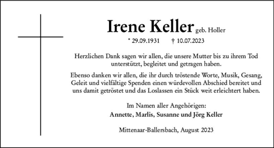 Traueranzeige von Irene Keller von Dill Block