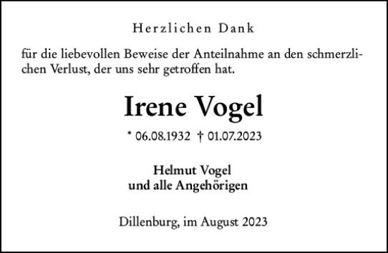 Traueranzeige von Irene Vogel von Dill Block