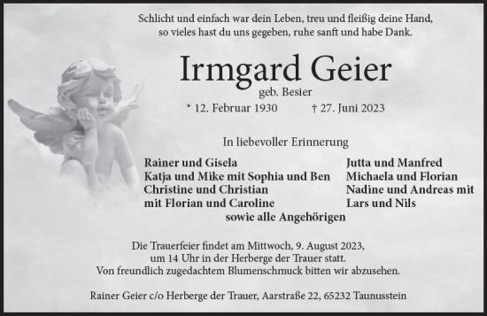 Traueranzeige von Irmgard Geier von Wiesbadener Kurier