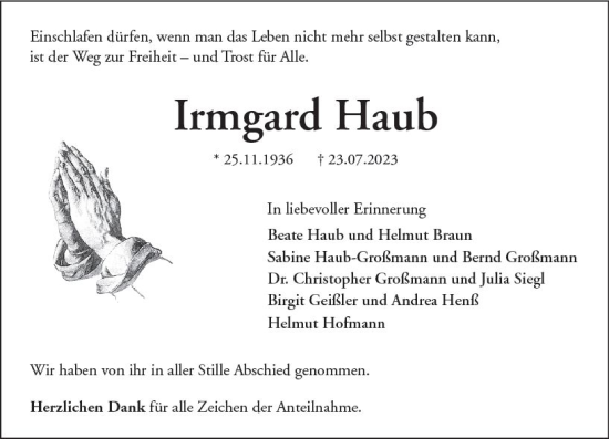 Traueranzeige von Irmgard Haub von Wetzlarer Neue Zeitung