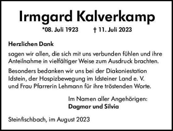 Traueranzeige von Irmgard Kalverkamp von Camberger Anzeiger