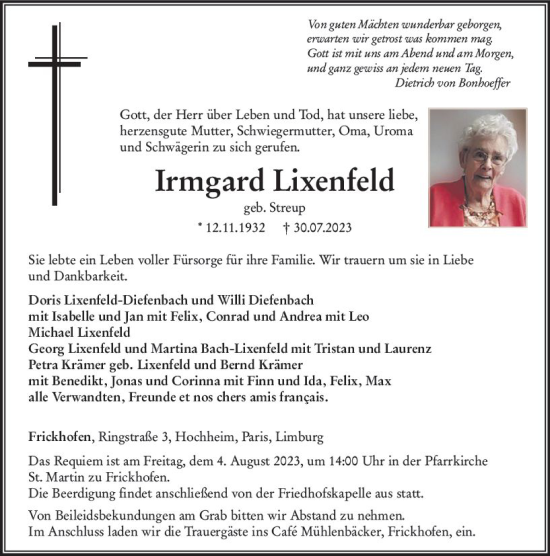 Traueranzeige von Irmgard Lixenfeld von Hochheimer Zeitung