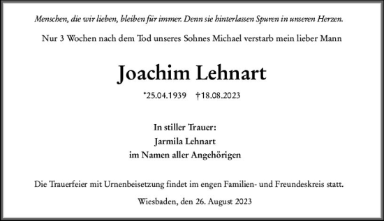 Traueranzeige von Joachim Lehnart von Wiesbadener Kurier